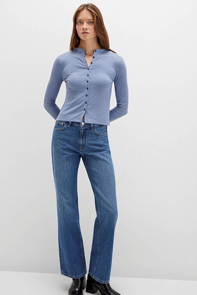 Kadın Önü Düğmeli Modelli Penye 1613695-86802 Mavi 