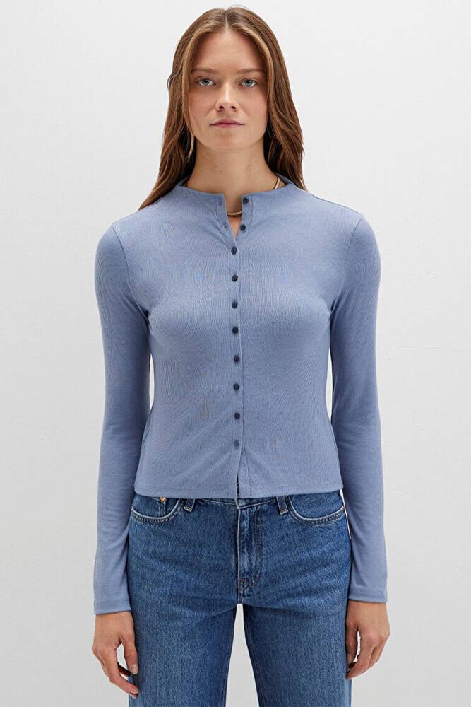 Kadın Önü Düğmeli Modelli Penye 1613695-86802 Mavi 