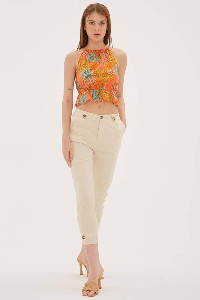 Kadın Paçası Düğme Detaylı Pantolon 25Y0312K1 Bej 