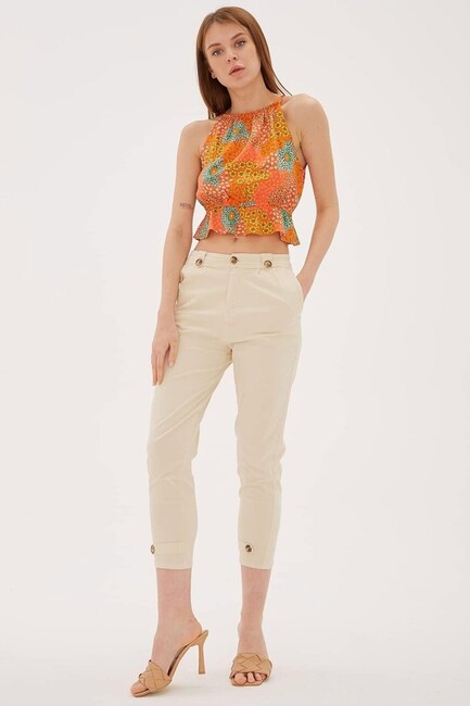 Kadın Paçası Düğme Detaylı Pantolon 25Y0312K1 Bej - Thumbnail