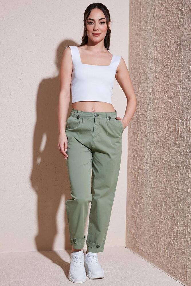 Kadın Paçası Düğme Detaylı Pantolon 25Y0312K1 Haki 
