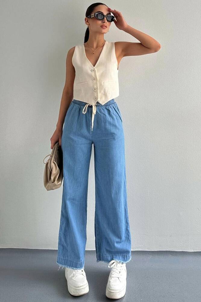 Kadın Paçası Püsküllü Denim Pantolon 25Y0416K1 Mavi 
