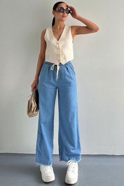 Kadın Paçası Püsküllü Denim Pantolon 25Y0416K1 Mavi (1)