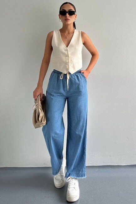 Kadın Paçası Püsküllü Denim Pantolon 25Y0416K1 Mavi (3)