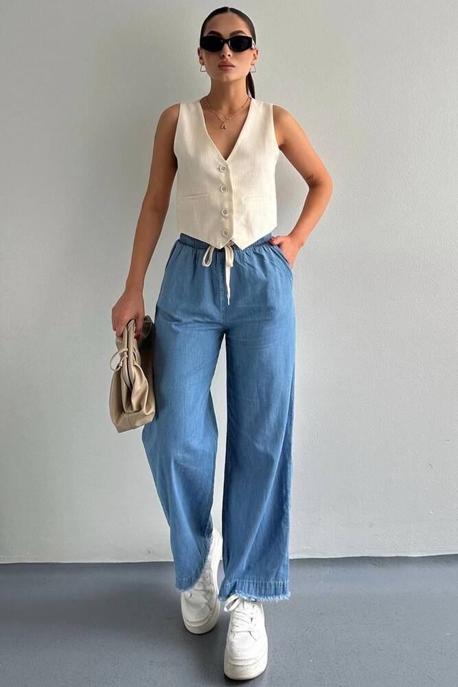 Kadın Paçası Püsküllü Denim Pantolon 25Y0416K1 Mavi 