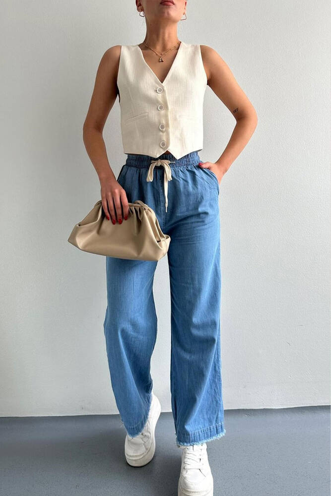 Kadın Paçası Püsküllü Denim Pantolon 25Y0416K1 Mavi 