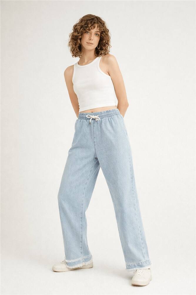 Kadın Paçası Püsküllü Denim Pantolon 26Y0416K1 Mavi 