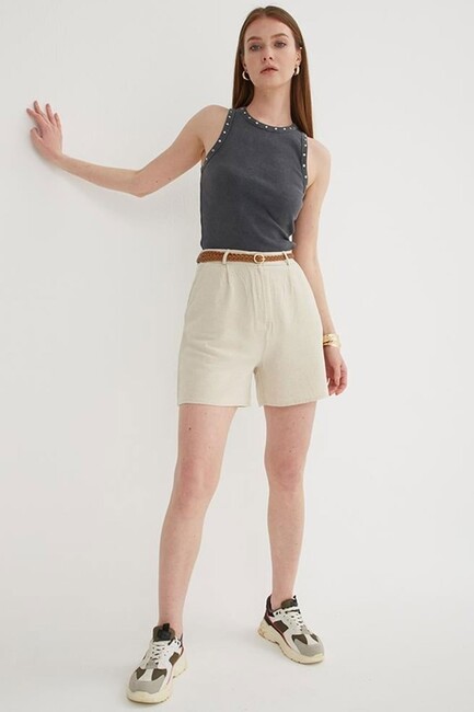 Kadın Pileli Şort 25Y0320K1 Ekru - Thumbnail