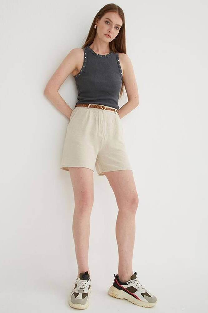 Kadın Pileli Şort 25Y0320K1 Ekru 