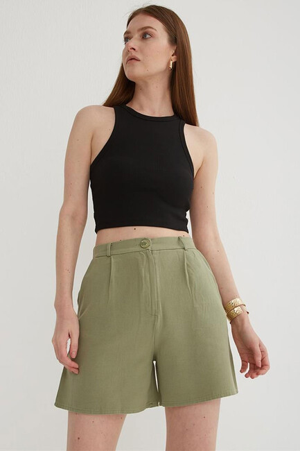 Kadın Pileli Şort 25Y0320K1 Haki - Thumbnail