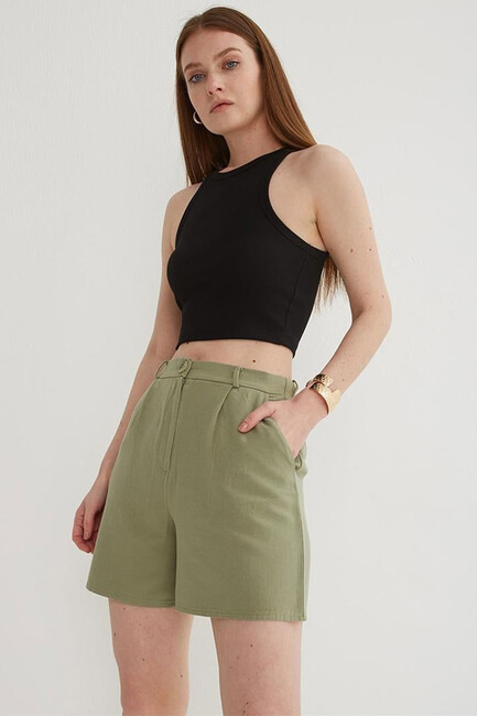 Kadın Pileli Şort 25Y0320K1 Haki - Thumbnail