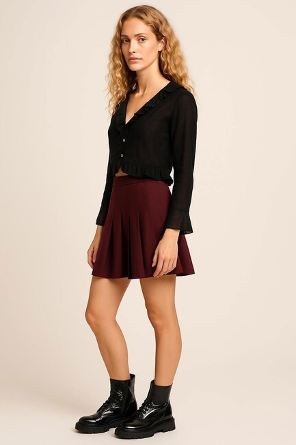 Kadın Pilili Mini Etek 25K0323K1 Bordo (1)