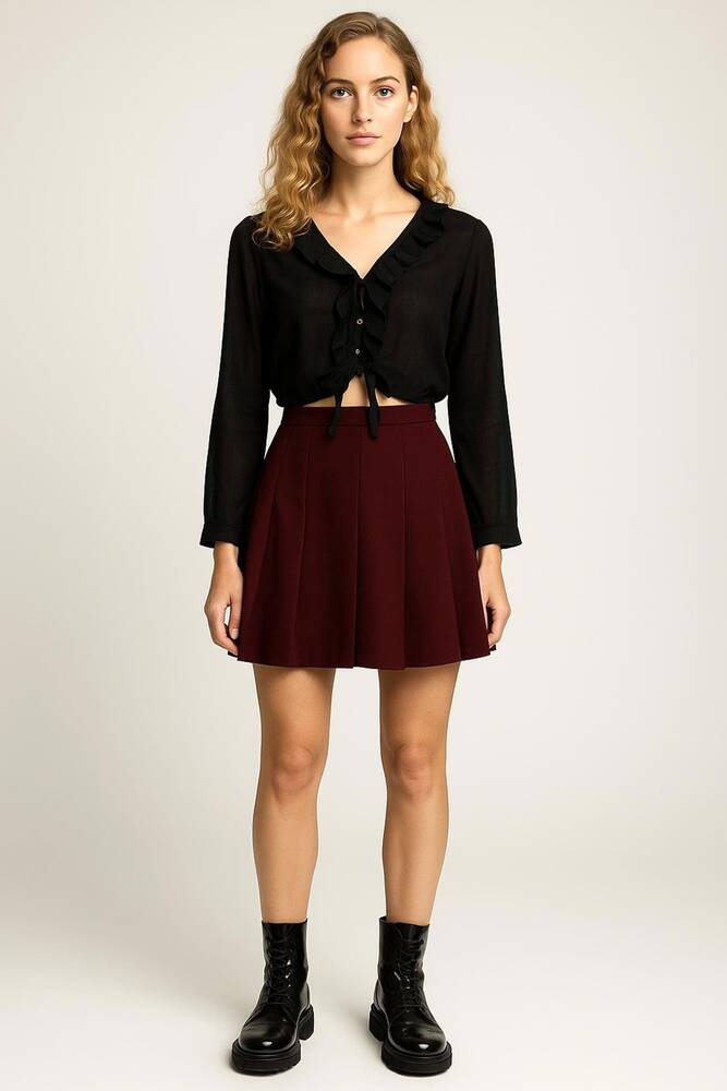 Kadın Pilili Mini Etek 25K0323K1 Bordo 