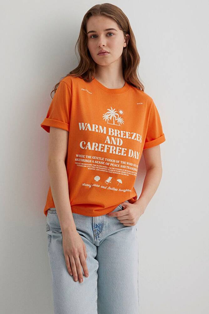 Kadın Plaj Baskılı Tişört 1613173-71423 Turuncu 