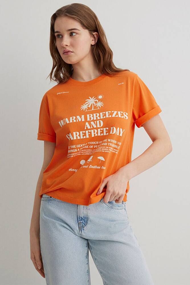 Kadın Plaj Baskılı Tişört 1613173-71423 Turuncu 