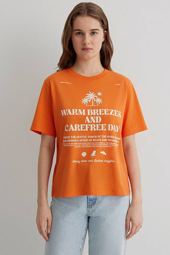 Kadın Plaj Baskılı Tişört 1613173-71423 Turuncu 