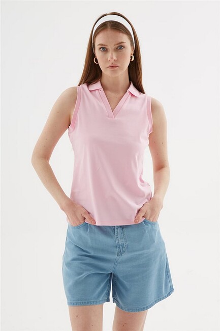 Kadın Polo V Yaka Kolsuz Tişört 26Y0516K1 Pembe 