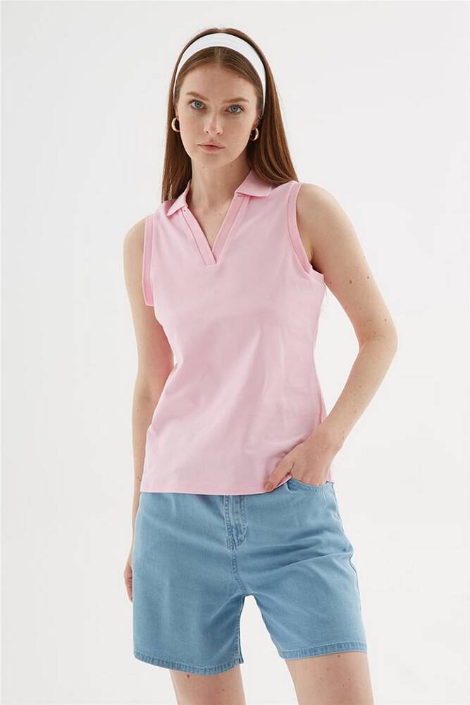 Kadın Polo V Yaka Kolsuz Tişört 26Y0516K1 Pembe 