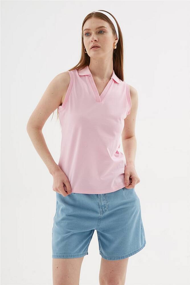 Kadın Polo V Yaka Kolsuz Tişört 26Y0516K1 Pembe 