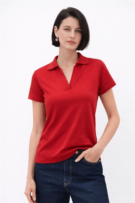 Kadın Polo V Yaka Tişört 26Y0603K1 Kırmızı 