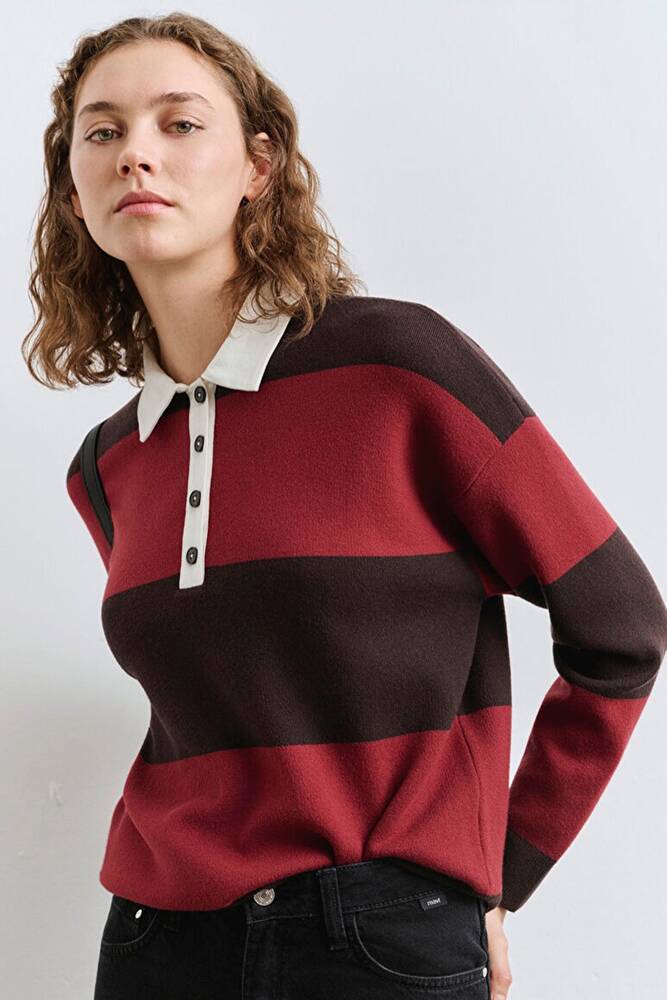 Kadın Polo Yaka Kazak 1710708-90695 Kırmızı 