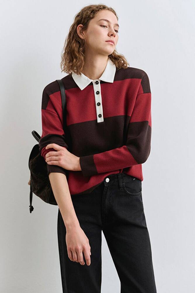 Kadın Polo Yaka Kazak 1710708-90695 Kırmızı 