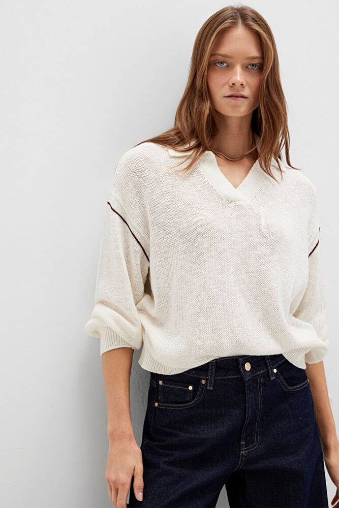 Kadın Polo Yaka Kazak 1710834-91338 Ekru 