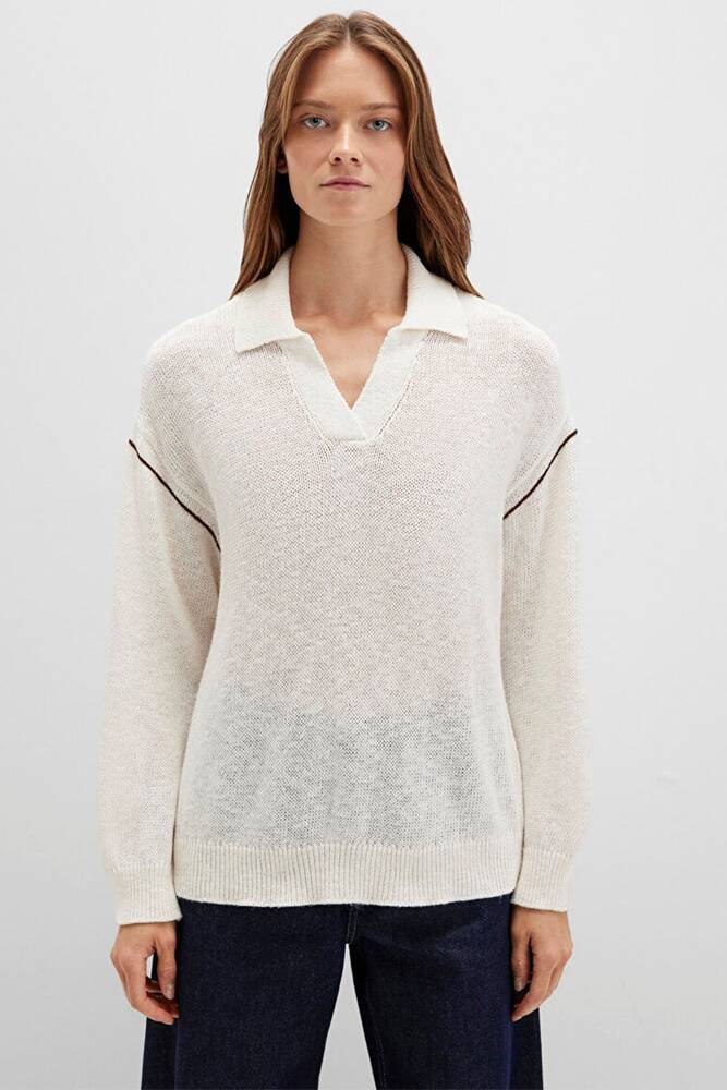 Kadın Polo Yaka Kazak 1710834-91338 Ekru 