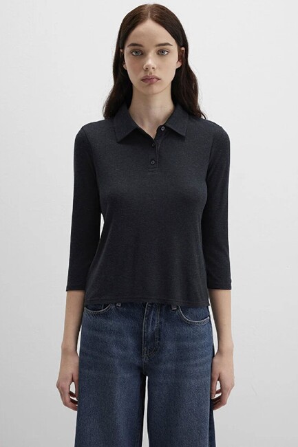 Kadın Polo Yaka Modelli Penye 1613647-80022 Gri - Thumbnail