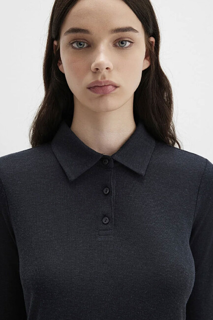 Kadın Polo Yaka Modelli Penye 1613647-80022 Gri - Thumbnail