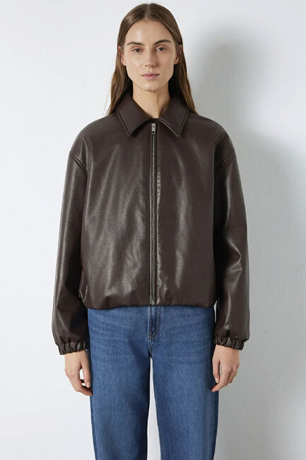 Kadın PU Ceket 1110614-88083 Kahve - Thumbnail