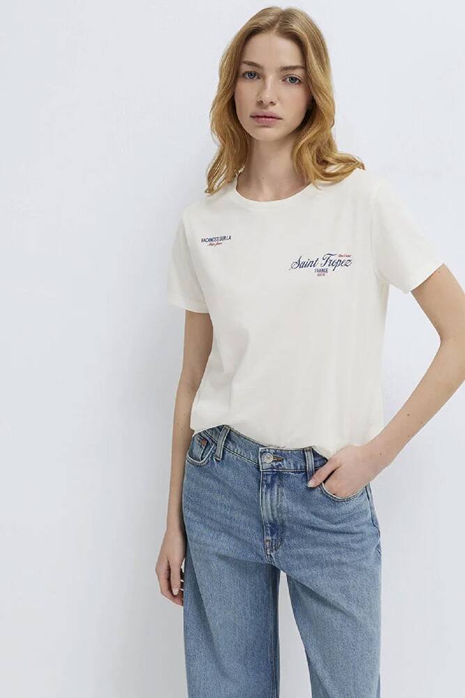 Kadın Slogan Baskılı Tişört 1613891-80194 Ekru 