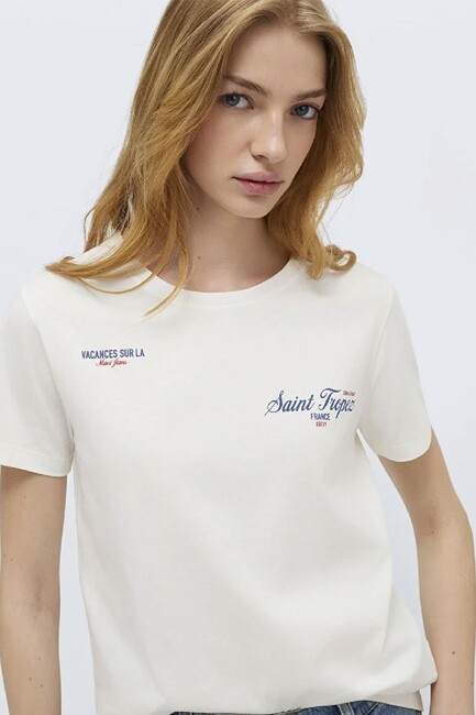 Kadın Slogan Baskılı Tişört 1613891-80194 Ekru (2)