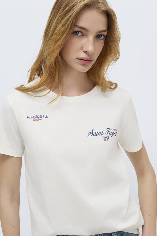 Kadın Slogan Baskılı Tişört 1613891-80194 Ekru 