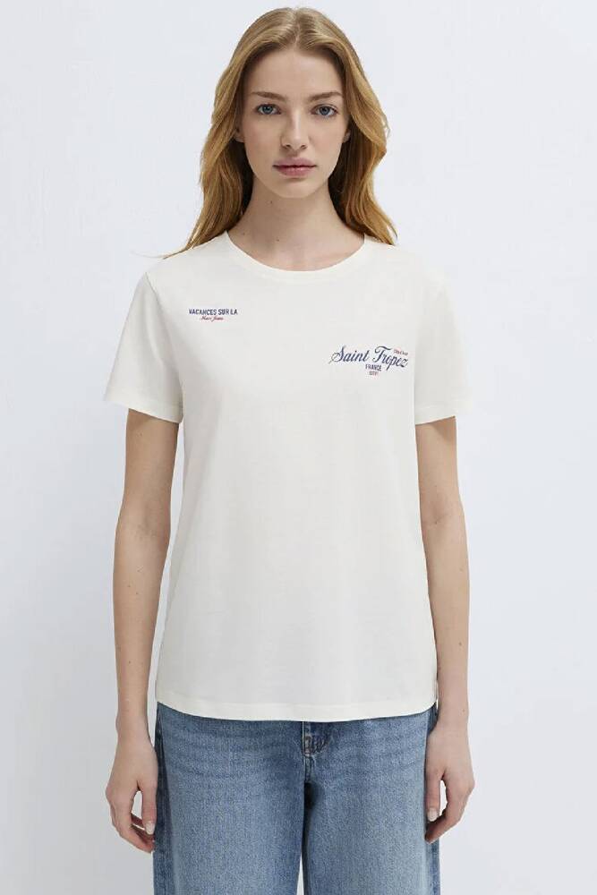 Kadın Slogan Baskılı Tişört 1613891-80194 Ekru 