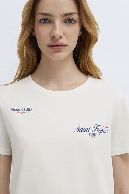 Kadın Slogan Baskılı Tişört 1613891-80194 Ekru - Thumbnail