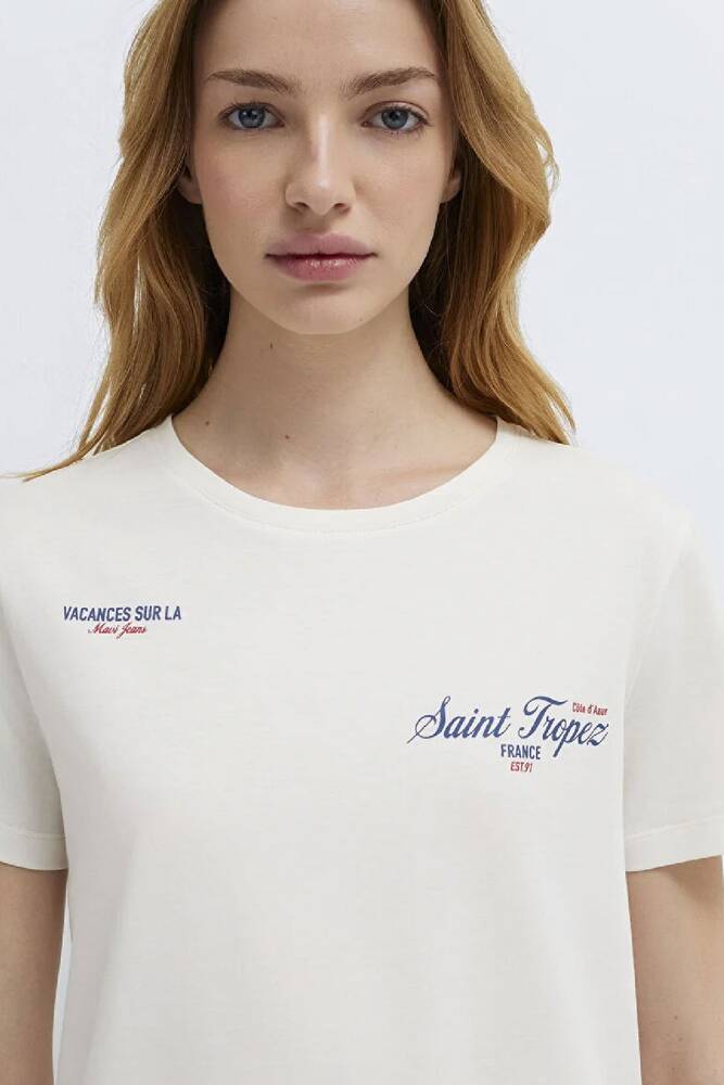 Kadın Slogan Baskılı Tişört 1613891-80194 Ekru 