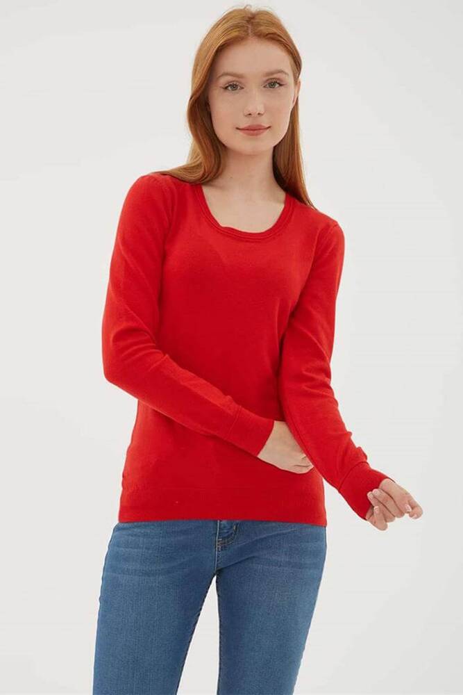 Kadın U Yaka Kazak 24K0779K1 Kırmızı 