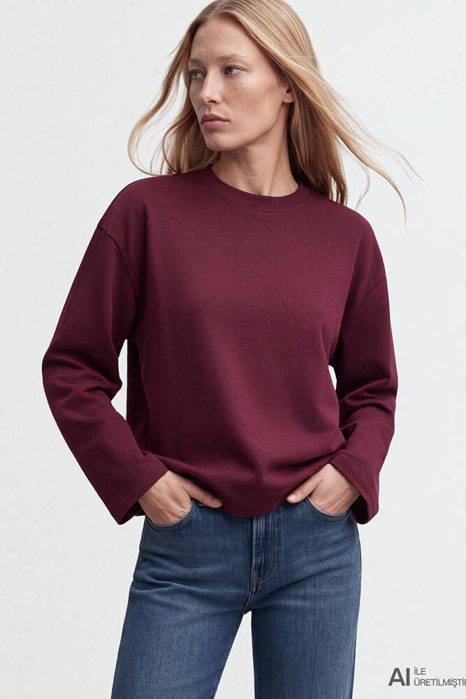 Kadın Uzun Kollu Basic Tişört 1620070-70422 Bordo  - 1