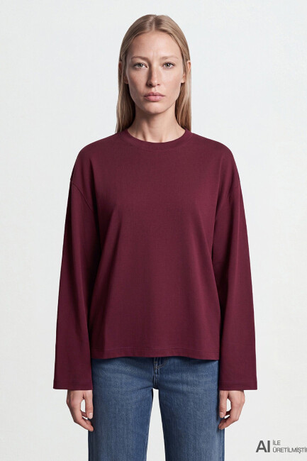 Kadın Uzun Kollu Basic Tişört 1620070-70422 Bordo  - 4