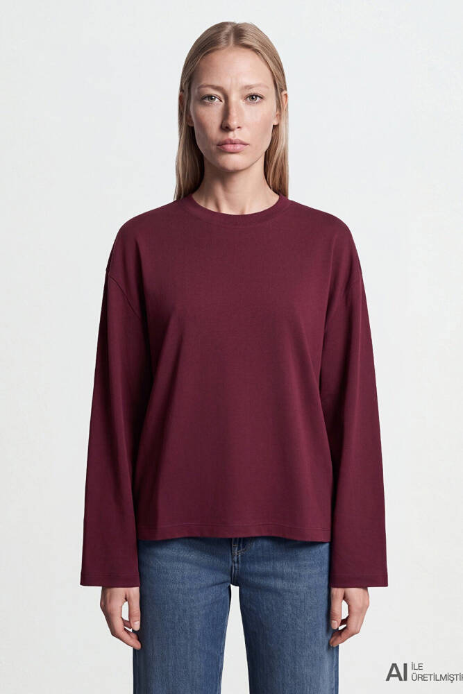 Kadın Uzun Kollu Basic Tişört 1620070-70422 Bordo  - 4