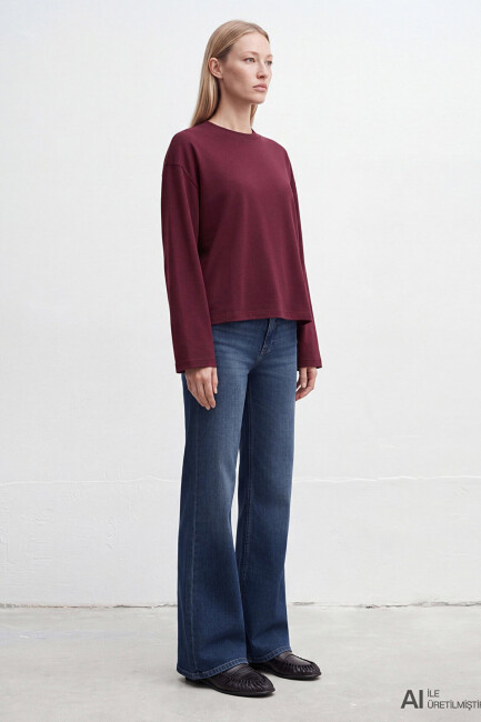 Kadın Uzun Kollu Basic Tişört 1620070-70422 Bordo  - 5