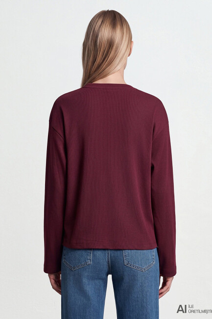Kadın Uzun Kollu Basic Tişört 1620070-70422 Bordo  - 6