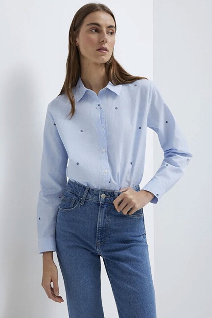 Kadın Uzun Kollu Dokuma Gömlek 1210610-91382 Mavi (2)