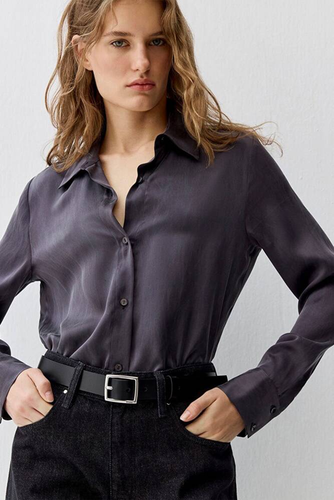 Kadın Uzun Kollu Dokuma Gömlek 1211269-70087 Gri 