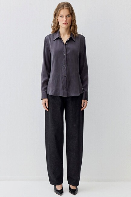 Kadın Uzun Kollu Dokuma Gömlek 1211269-70087 Gri - Thumbnail