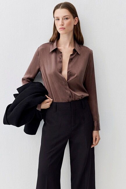 Kadın Uzun Kollu Dokuma Gömlek 1211269-87537 Kahve (1)