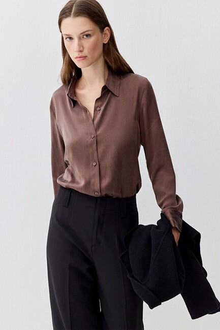 Kadın Uzun Kollu Dokuma Gömlek 1211269-87537 Kahve (2)