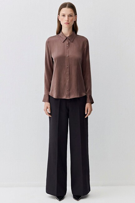 Kadın Uzun Kollu Dokuma Gömlek 1211269-87537 Kahve - Thumbnail