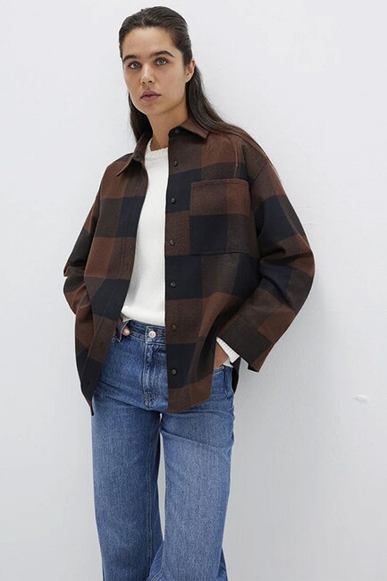 Kadın Uzun Kollu Dokuma Gömlek 1211294-88497 Kahve (1)